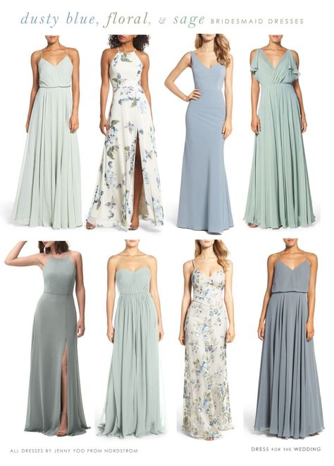 Dusty blue, printed floral, and misty sage green mismatched bridesmaid dresses. All bridesmaid dresses by Jenny Yoo     #bridesmaids #mismatched #mixandmatch #bridesmaid #weddingcolors #weddingideas #somethingblue #weddingplanning  #weddingpins #jennyyoo #bridesmaiddresses #bridesmaiddress Green Mismatched Bridesmaid Dresses, Mixed Bridesmaid Dresses, Mix And Match Bridesmaid Dresses, Printed Bridesmaid Dresses, Sage Bridesmaid Dresses, Floral Bridesmaid Dresses, Sage Green Bridesmaid Dress, Bridesmaid Attire, Light Blue Wedding