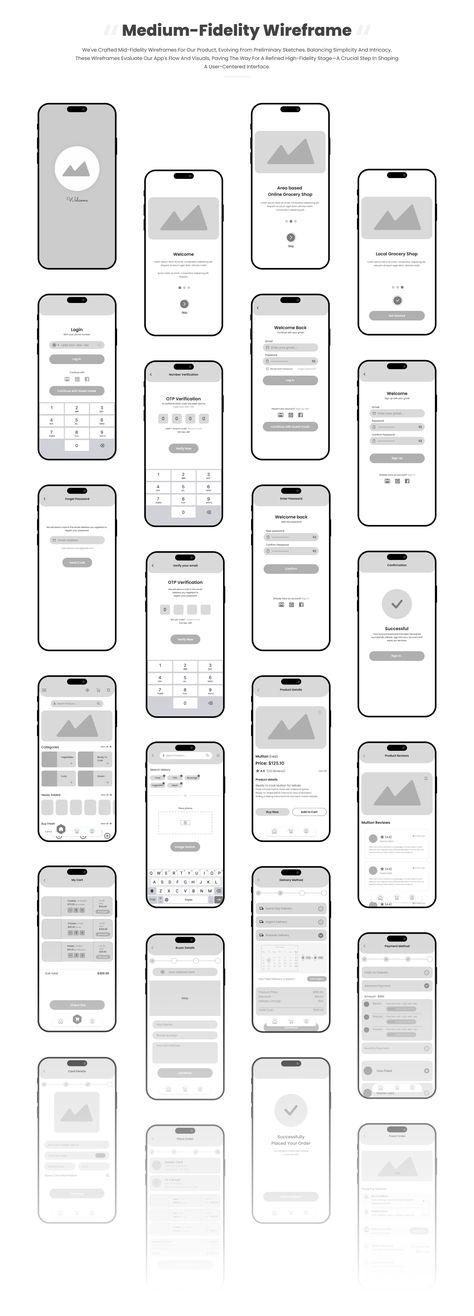 Mid-Fidelity Wireframes, Grocery-Ecommerce App :: Behance Mid Fidelity Wireframe, Wireframe Design App, App Wireframe Design, App Wireframe, Wireframe Design, Ecommerce App, App Log, Groceries App, Wireframe