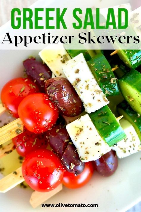 Greek Salad Skewers | Olive Tomato Salad Kabobs, Appetizer Skewers, Salad Skewers, Olive Tomato, Greek Appetizers, Skewer Appetizers, Veggie Skewers, Kabob Recipes, Charcuterie Inspiration