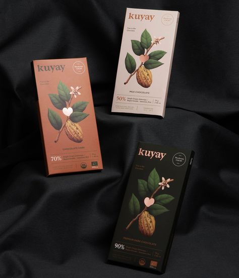 KUYAY · Cacao Lovers on Behance Muesli Packaging, Thesis Inspiration, Romantic Colors Palette, Chocolate Packaging Design, Minimal Packaging, Organic Chocolate, Chocolate Brands, Olive Oil Bottles, Graphic Design Packaging