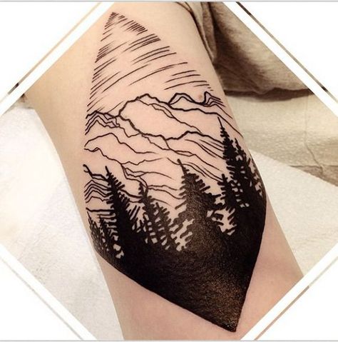 Here’s another forest tattoo with a rocky mountain. It’s the usual set up for forests and mountains and it could make you feel closer to nature even if it’s simply a tattoo. Best Cover Up Tattoos, Tatuagem Masculina Pequena, Forest Tattoos, 4 Tattoo, Tattoos Geometric, Mountain Tattoo, Living Art, Cover Up Tattoo, Up Tattoos