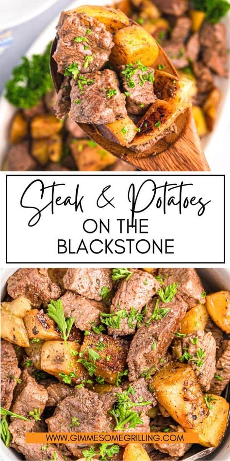 Tender, juicy chunks of seasoned steak paired with crispy potatoes, all tossed in garlic butter, prepared on your Blackstone griddle. An easy dinner recipe that's on the table in less than 30 minutes. Perfect meat and potatoes dinner recipe that changes things up! Blackstone Steak, Seasoned Steak, Potatoes Dinner, Blackstone Recipes, Meat And Potatoes, Steak And Potatoes, Stew Meat Recipes, Potato Dinner, Pork Roast Recipes