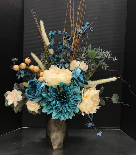 Classic Teal and Cream 2017 by Andrea Teal And Gold Flower Arrangements, Teal Floral Arrangements, Teal Flower Arrangements, Teal And Orange Flower Arrangements, Teal And Gold Flowers, Peacock Flower Arrangement Floral Design, Peacock Color Flower Arrangement, Peacock Flower Arrangement, Teal Dried Flower Arrangements