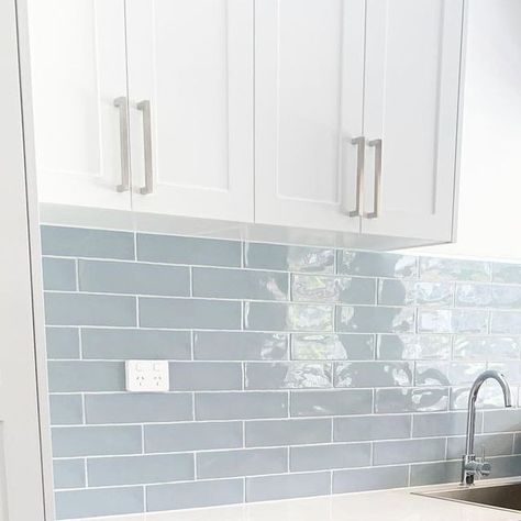 White Tiles Blue Grout, Grey Kitchen Blue Tiles, Blue Laundry Splashback, Tile Splashback Laundry, White Tiles Grey Grout, Laundry Subway Tiles White, Hamptons Kitchen, White Laundry, Beaumont Tiles