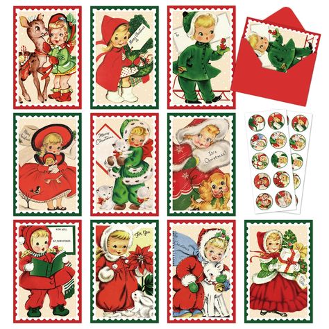 PRICES MAY VARY. WHAT YOU WILL GET: 30 packs greeting cards with 30 pieces red envelopes and 30 pieces matching seal stickers, sufficient to meet your different needs to give your blessings. CUTE DESIGN: Our greeting cards are designed with retro Xmas, tree and more classic Christmas patterns, total have 10 designs, and have corresponding words, mainly colored in green and red, create a pleasant atmosphere, suitable for many occasions. MATERIAL & SIZE: Made of good quality paper, durable and flu Christmas Cards With Photo, Cardinal Christmas Cards, Cards With Stickers, Vintage Christmas Cards 1950s, Cards For Christmas, Xmas Greeting Cards, Xmas Greetings, Simple Christmas Cards, Christmas Banner