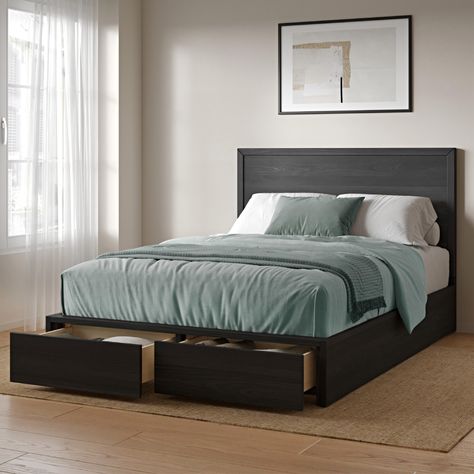 PRICES MAY VARY. CLEAN LINES AND MITERED CORNERS - Keep it simple, keep it sleek. The DG Casa Colten Queen Storage bed makes clean lines and sharp design look oh so fine! The all-wood black glaze of this storage bed with headboard brings out the best of simplicity through expert craftsmanship. STRATEGIC STORAGE BED – The two storage drawers on the footboard of this queen size bed frame provide ample space to hold all your extras. Shoes, slippers, pjs, bed linens, or extra chargers for when your Simple Bed Frame With Storage, Bedroom With Black Bedframe, Simple Bed Ideas Woods, Black Wooden Furniture Bedroom, Simple Bed Design Modern, Bedroom Sets Modern, Wooden Bed Frame With Storage, Black Wooden Bed Frame Modern, Black Wood Bed Frame