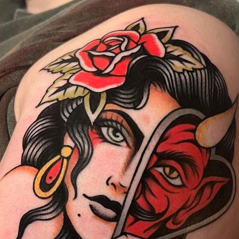 K y l e M a c K e n z i e on Instagram: "Dreaming of the devil Done at @northstreetsalem #traditionaltattoo #traditionaltattoos #skinart_traditional #skinart_mag #traditionalbangers #usatraditional #tattoosnob #hustlebutterdeluxe #traditionalartist #oldschooltattz #tradworkers #thebesttraditionalink" She Devil Tattoo, Devil Traditional Tattoo, Traditional Woman Tattoo, Traditional Devil Tattoo, Traditional Tattoo Woman Face, Traditional Style Tattoos, Traditional Chest Tattoo, Angel Devil Tattoo, Traditional Tattoo Woman