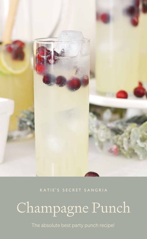 This is the very best Champagne punch recipe! This is an EASY and delicious champagne cocktail. This party punch, drink recipe is Katie's Secret Sangria! Champagne Punch Recipes Showers, Easy Champagne Punch, Large Batch Champagne Cocktails, Champagne Punch Recipes Easy, Champagne Pitcher Cocktails, Champagne Punch Christmas, Halloween Champagne Punch, Champagne Sangria Recipe, Champagne Punch Recipes For A Crowd