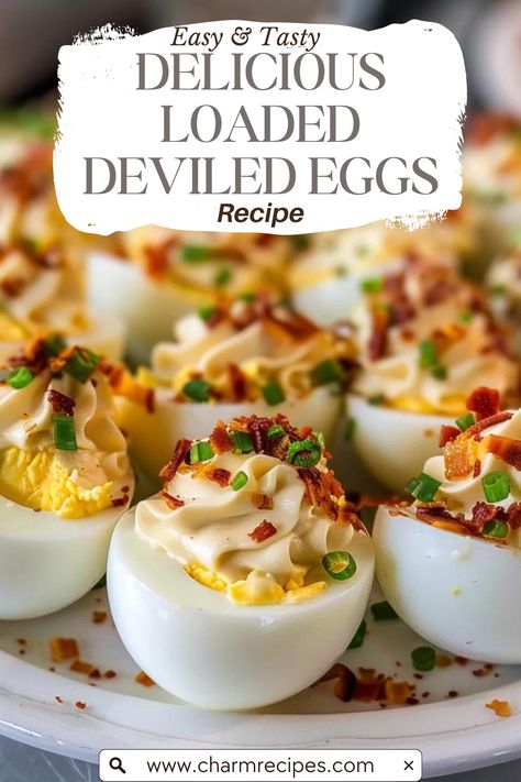 Loaded Deviled Eggs take the classic deviled egg to new heights of flavor and indulgence. By incorporating ingredients commonly found in loaded baked potatoes, such as crispy bacon, sharp cheddar cheese, and fresh chives, these deviled eggs become a savory, creamy delight that's hard to resist. Perfect for gatherings, picnics, or as a flavorful appetizer, Loaded Deviled Eggs are sure to impress with their combination of traditional simplicity and bold, modern twists. The Best Deviled Eggs Recipe, Thanksgiving Recipes Deviled Eggs, Special Deviled Eggs, Deviled Eggs For Thanksgiving, Deviled Egg Flavors, Garlic Butta Eggs Recipe, Bacon Cheddar Deviled Eggs, Perfect Deviled Eggs Recipes, Easy Devilled Eggs