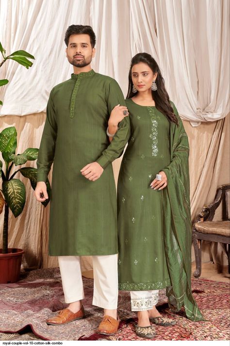 Couples Men and Women’s Complimenting Outfit with Mens Kurta Pajama and a Women’s Kurti Green Couples Outfit, Frock Designs For Women, Kurti With Pants, Celana Fashion, Royal Couple, Pants Collection, Couples Outfit, Couple Dress, Men Fashion Casual Shirts