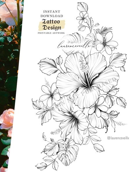 Tropical Flowers Drawing, Thigh Hip Tattoo, Tattoo Design Ideas For Women, Tropical Flower Tattoos, Blatt Tattoos, Floral Hip Tattoo, Hawaiian Flower Tattoos, Flower Tattoo Stencils, Hibiscus Flower Tattoos