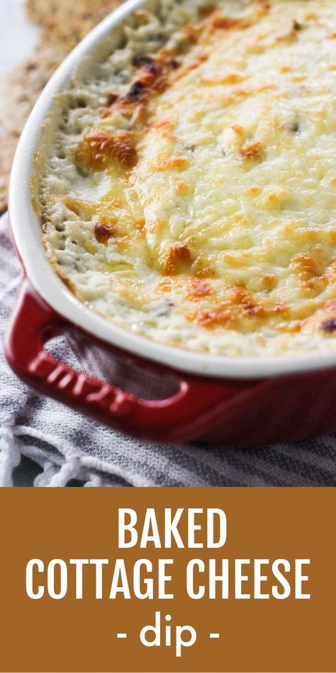 Baked cottage cheese dip in a red baking dish. Below the image, there is a text overlay saying: baked cottage cheese dip. Cottage Cheese Dip Recipes, Clean Eating Appetizers, Mushroom Appetizer, Cottage Cheese Dip, Mushroom Dip, Pecan Baked Brie, Cottage Cheese Dips, Mushroom Appetizers, Healthy Appetizer Recipes