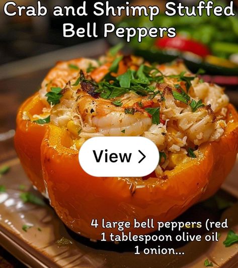 Lemon8 · Crab & Shrimp stuffed peppers  · @Shanya Blue Shrimp Stuffed Bell Pepper Recipe, Crab Stuffed Peppers, Crab And Shrimp Stuffed Bell Peppers, Shrimp Stuffed Bell Peppers, Seafood Stuffed Bell Peppers, Shrimp Stuffed Peppers, Shrimp And Cheese Stuffed Poblano Peppers, Crab Stuffed Jumbo Shrimp, Crab Stuffing