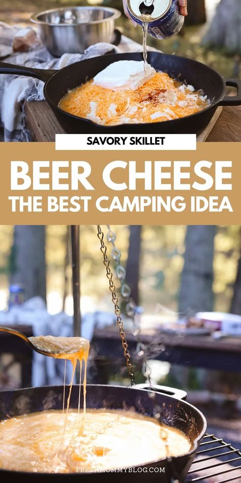 Cast Iron Cheese Dip Recipes, Cast Iron Beer Cheese Dip, Beer Cheese Brats, Dip For Camping, Campfire Beer Cheese Dip, Campfire Dip Recipe, Stuff To Cook Over A Fire, Camping Cheese Dip, Camping Breakfast Ideas Over Fire