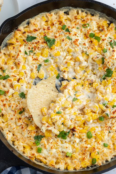 Baked Elote Dip Superbowl Food Dips, Hot Elote Corn Dip, Elote Cheese Dip, Skillet Corn Dip, Creamy Elote Dip, Elote Style Pickles, Elotes Dip Recipe, Elote Queso Dip, Elote Bake