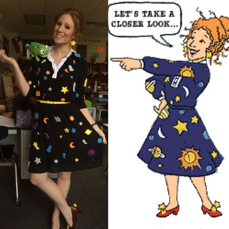 COSTUME: Miss Frizzle (planet earrings, space dress, and my pencil shoes) Mrs Frizzle Costume, Ms Frizzle Costume, Miss Frizzle Costume, Frizzle Costume, Childhood Fashion, Mrs Frizzle, Halloween 2010, Miss Frizzle, Book Character Day