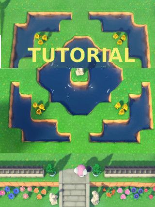 How to make this design with the waterscaping tool, and easy steps to create your own design. acnh, animal crossing new horizons, あつまれ どうぶつの森diy, radial design, terraforming Acnh Island Waterscaping, Terra Forming Animal Crossing, Acnh Layout Designs, Animal Crossing Cliff Top Ideas, Acnh Pond Shape Guide, Animal Crossing Island Map Ideas Easy, Animal Crossing Island Ideas Layout Easy, Animal Crossing Waterscaping, Easy Acnh Ideas