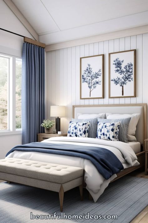 20 Best Blue Bedroom Ideas: Beautiful Bedrooms to Inspire You - Beautiful Home Design Ideas Guest Bedroom Blue Accents, Blue Bedrooms Decor, Bedroom Ideas Blue Accents, Master Bedrooms Cream And Blue, Bedroom Ideas Cool Tones, Blue Gray And Cream Bedroom, Blue White Grey Room Master Bedrooms, Bedroom Inspo Master, Beautiful Blue Bedrooms