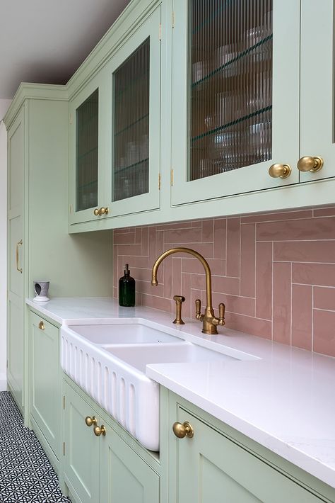 Green Kitchen With Pink Tiles, Pink Backsplash Kitchen Green Cabinets, Pink And Green Utility Room, Mint Green And Pink Kitchen, Olive Green And Pink Kitchen, Sage Green Pink Kitchen, Light Pink And Green Kitchen, Pink And Green Kitchen Cabinets, Pink Green Kitchen Ideas