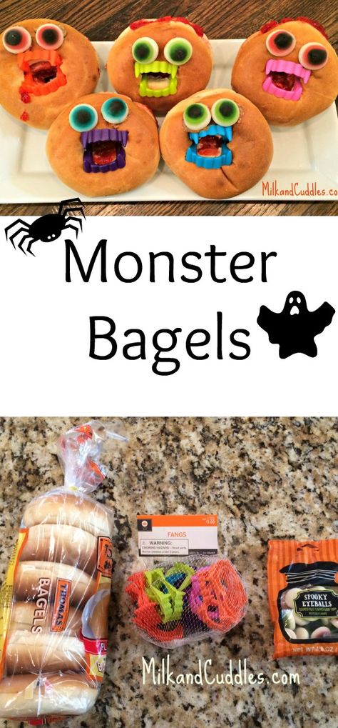 Halloween Bagel Ideas, Halloween Bagels, Halloween Snack For Kids, Softball Snacks, Food For Halloween, Halloween Brunch, Fun Halloween Snacks, Scary Food, Halloween Snacks For Kids