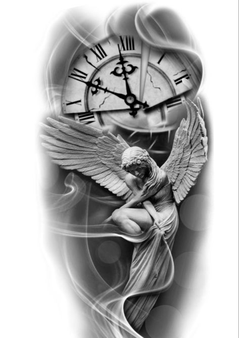 Angel Silhouette Tattoo, Woman Angel Tattoo, Guardian Tattoo, Angel Warrior Tattoo, Guardian Angel Tattoo, Half Sleeve Tattoos Forearm, Peace Tattoos, Archangel Tattoo, Clock Tattoo Design