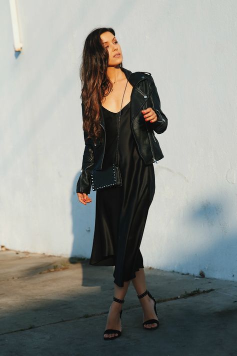 Slip Dress + Leather Moto Jacket - Andee Layne Slip Dress Leather Jacket Outfit, Slip Dress With Jacket, Dress Leather Jacket Outfit, Dress Leather Jacket, Andee Layne, Slip Dress Outfit, Leather Jacket Outfit, Leather Jacket Dress, Ideal Closet