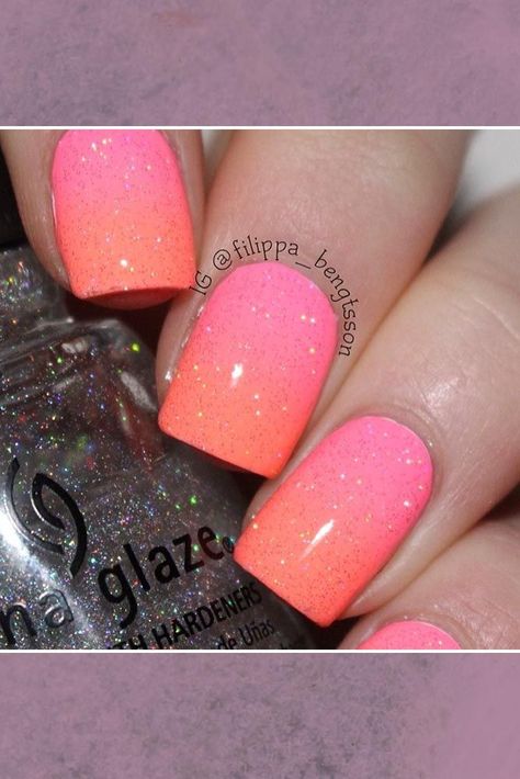 Nails Yellow, Pink Nail Art, Ombre Nail Designs, Sparkle Nails, Glitter Acrylics, Pink Nail, Pink Sparkle, Dipped Nails, China Glaze