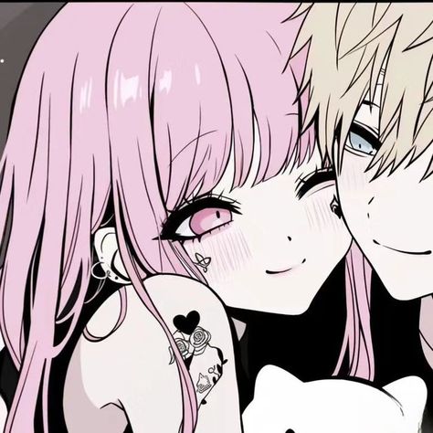 Anime Pfp Couple Matching, Pink Hair Matching Pfp, Cute Pink Matching Pfp, B X B Matching Pfp, Matching Pfp Pink And Black, Black And Pink Matching Pfp, Cute Matching Pfps Anime, Matching Kawaii Pfp, Matching Pfp Couple Pink