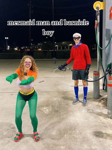 mermaidman and barnacle boy Apple Jacks Cereal Cinnamon Stick Guy, Xmen Couple Costume, Cool Halloween Couple Costumes, Perry The Platypus Costume Couple, Creative Couples Costumes 2023, Holloween Costume Ideas Couple Creative, Halloween Town Costumes, Couples Costume Ideas 2023, Couple Costume 2023