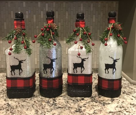 Seasonal Wine Bottle Crafts, Santa Wine Bottle Crafts, Winter Wine Bottles, Lighted Wine Bottles Christmas, Christmas Liquor Bottle Crafts, Winter Wine Bottle Crafts, Christmas Bottle Crafts, Glass Bottle Christmas Crafts, Syrup Bottle Crafts