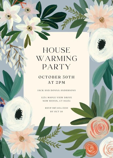 Blue floral - Housewarming Invitation Template | Greetings Island Housewarming Invitation Ideas, Housewarming Invitation Templates, Housewarming Invitation, House Warming Invitations, Greetings Island, Invitation Design, Blue Floral, Party Invitations, Invitation Template