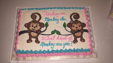 Gender Reveal Monkey Cake Mma Themed Gender Reveal, Monkey Gender Reveal Ideas, Gender Reveal Cake Sayings, Monkey Sheet Cake, Gender Reveal Cakes, Pregnant Belly Cakes, Gender Reveal Unique, Born Photography, Monkey Cake