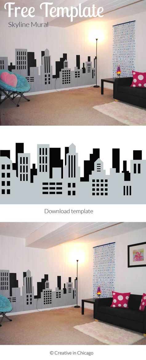 Download the design to create this fun skyline mural perfect for a teenage hangout room. #skyline #template #printable #teenagedecor #interiordesign #mural #skylinemural Art Room Mural Ideas, Teenage Hangout Room, Room Mural Ideas, Teenage Hangout, Batman Card, Cityscape Mural, Skyline Mural, Avengers Room, Spiderman Room