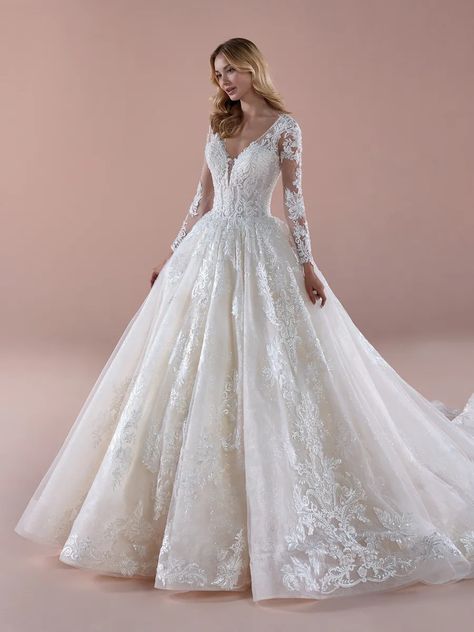 Champagne Ball Gown, Beaded Sleeves, Wedding Dress With Long Sleeves, Princess Wedding Dress, Dress With Long Sleeves, Princess Wedding Dresses, Princess Wedding, Colored Wedding Dresses, Ball Gown