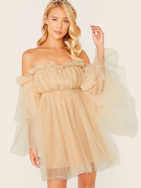 Off Shoulder Ruffle Mesh Dress | SHEIN Off Shoulder Tulle Dress, Shower Dresses, Long Sleeve Wedding, Medium Dress, Large Dress, Fairy Dress, Small Dress, Hem Dress, Babydoll Dress