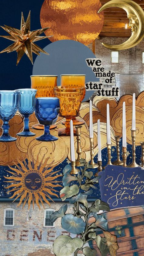 Starry Night Wedding Colors, Autumn Celestial Wedding, Navy And Gold Aesthetic, Blue And Bronze Wedding, Vintage Celestial Wedding, Celestial Theme Wedding, Starry Night Wedding Theme, Mv Ideas, Celestial Wedding Theme