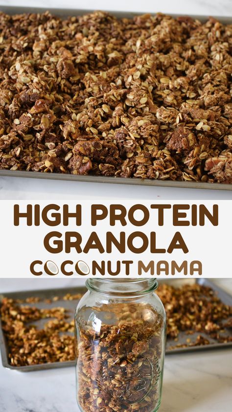 This high-protein granola recipe is tasty and nutrient dense! Serve over your favorite yogurt or on top of smoothies! Whole 30 Granola Recipe, Granola Mix Recipe, Chia Keto, Homemade Protein Granola, Low Sugar Granola Recipe, High Protein Granola Recipe, Snacks From Scratch, Protein Granola Recipe, Low Calorie Granola