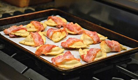 bacon wrapped perogies- in the oven Bacon Wrapped Perogies, Pierogi Appetizer, Cheese Perogies Recipe, Frozen Pierogies, Perogies Recipe, Whipped Potatoes, Cream Pasta, Wrapped In Bacon, Bacon And Cheese