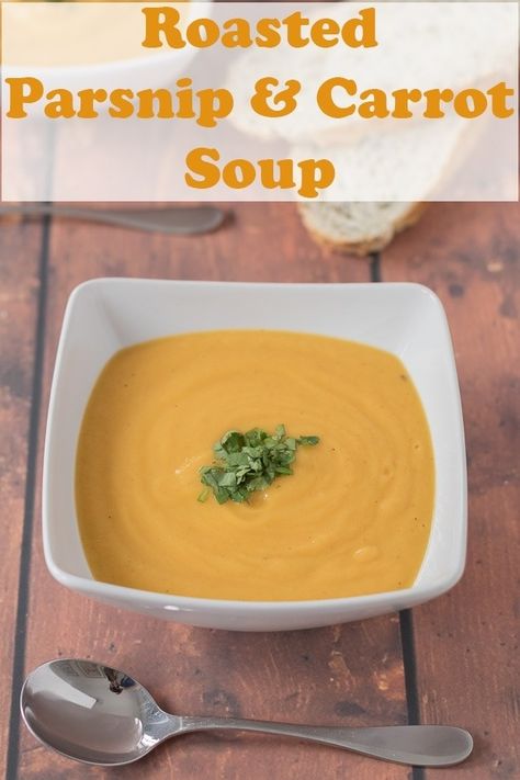 Roasted parsnip and carrot soup is a delicious blend of budget vegetables which combine to produce an amazingly tasty, creamy and gluten free vegan soup. Easy to make and healthy this simple soup is a fantastic winter warmer! #neilshealthymeals #parsnipsoup #parsnipcarrotsoup #winterparsnipsoup Soup With Parsnips, Soup Recipes Uk, Carrot Soup Recipes, Parsnip Soup, Roasted Parsnips, Simple Soup, Quick Healthy Lunch, Soup Easy, Meals Healthy