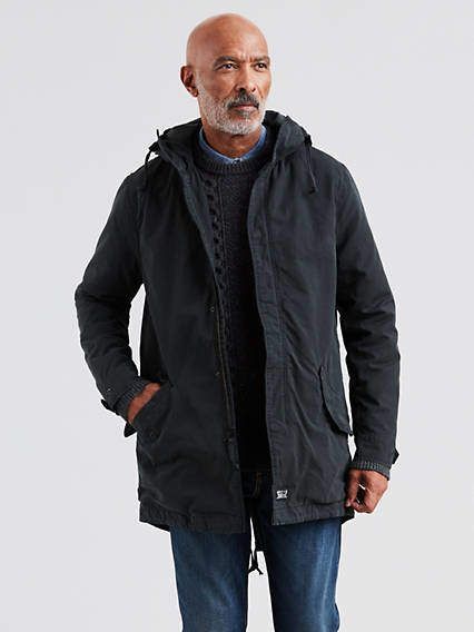 Levi's Lined Fishtail Parka Jacket Black Parka Outfit Men, Parka Outfit Men, Black Parka Outfit, Mens Fashion 30s, Parka Outfit, Denim Parka, Mens Parka Jacket, Older Mens Fashion, Mens Casual Jeans