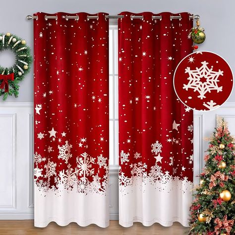 Amazon.com: CAROMIO Christmas Curtains for Living Room 2 Panel Sets, Red Velvet Window Curtains 84 Inches Long, Floral Snowflake Decoration Curtains, Thermal Insulated Room Darkening Curtains, 52 x 84 Inches : Home & Kitchen Christmas Curtains, Christmas Snowflakes Decorations, Christmas Snowflakes Pattern, Winter Window, Curtains For Living Room, Snowflake Decorations, Christmas Feeling, Red Curtains, Floral Curtains