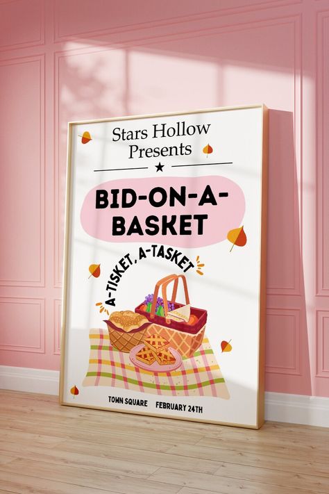 Step into the world of Stars Hollow with our Bid-on-a-Basket Festival Flyer, featuring a charming picnic basket surrounded by autumn leaves. This delightful wall art captures the community spirit of the festival in a retro and nostalgic style. gilmore girls Stars Hollow Poster, Dragonfly Inn Gilmore, Gilmore Girls Decor, Snow Decor, I Smell Snow, Hollow Wall, In Omnia Paratus, Dragonfly Inn, Lukes Diner