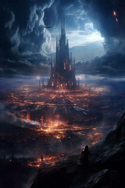 Demon City Fantasy Art, Gothic Pictures For Wall Collage, Dark Fantasy City Art, Magitech City, Fantasy Skyline, Fantasy World Art, Dark Kingdom, Scifi City, Fantasy Kingdom