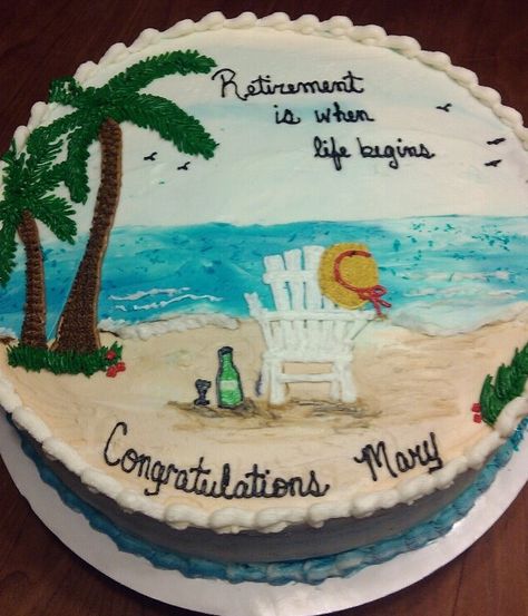 Retirement cake i dont know if i like the palm trees.. but the chair and the bottle Beach Retirement Cake, Funny Retirement Cakes, Retirement Cakes Ideas For Women, Retirement Cake Decorations, Palm Tree Cake, Cake Painting Tutorial, Retirement Cookies, Retirement Poems, Palm Tree Cakes