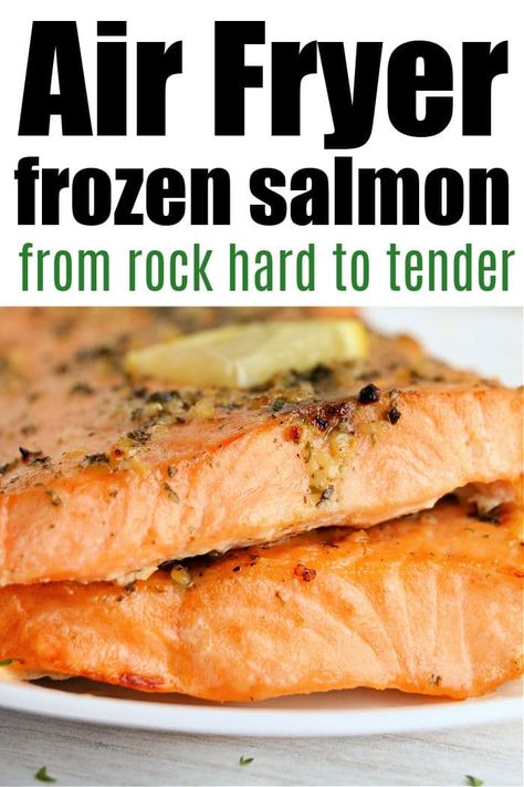 Frozen salmon in air fryer is so easy! From rock hard to flaky and tender in no time you should try fish in a Ninja Foodi or other brand. #frozensalmon #airfryerfrozensalmon #airfryersalmon #frozenfish Frozen Salmon In Air Fryer, Air Fryer Frozen Salmon, Air Fryer Ninja Foodi, Frozen Salmon Recipe, Air Fryer Ninja, Cook Frozen Salmon, Salmon In Air Fryer, Frozen Fish Fillets, Side Dishes For Salmon