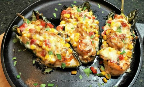 Stuffed Poblanos, Hot Pepper Recipes, Poblano Peppers Recipes, Shrimp Stuffed, Guatemalan Recipes, Pepper Shrimp, Poblano Peppers, Volunteer Travel, Shellfish Recipes