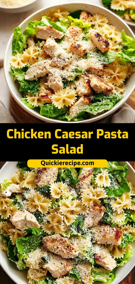 This Chicken Caesar Pasta Salad combines tender chicken, crisp lettuce, pasta, and creamy Caesar dressing for a refreshing and hearty meal. Perfect as a side or light dinner!  Ingredients:  2 cups cooked chicken, diced 2 cups cooked pasta 1 cup romaine lettuce, chopped 1/2 cup Caesar dressing A fresh, creamy salad that’s both filling and flavorful Pasta Salad With Lettuce And Chicken, Lettuce Salad With Pasta, Cesar Chicken Recipes, Ceasar Salad Pasta Salad Recipes, Chicken Cesear Salad Pasta Dinner, Ceasar Pasta Chicken Salad, Chicken Ceaser Pasta Salads, Quick Dinner For 2, Chicken Pasta Salads