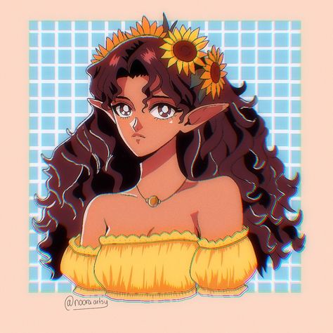 ✨🌻 DTIYS (draw this in your style) by @ellighoul // // // // 90s anime style cel shading style sailor moon 90s anime style Celebrating the essence of nature and beauty with this enchanting illustration of an elf adorned with sunflowers! This piece captures the ethereal charm of a character with delicate features, large expressive eyes, and long, flowing curly hair. The sunflowers in her hair and the vibrant yellow off-shoulder top perfectly complement her serene and captivating presence. T... Off The Shoulder Top Drawing, Sunflower Character, Sailor Moon 90s, 80s Off Shoulder Shirt, 90s Anime Style, Anime Sunflower Field, Sunflower Goddess, Cel Shading, Detailed Background