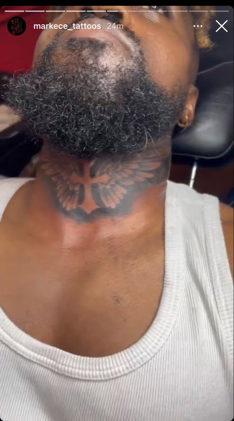 Neck tattoo Neck Tattoo For Guys Middle, Front Neck Tattoos For Men Design, Chosen 1 Neck Tattoo, Cross Neck Tattoo Men, Boy Neck Tattoos, Best Neck Tattoos Men, Neck Tats Men, Middle Neck Tattoo Men, Neck Tattoo For Guys Black Men