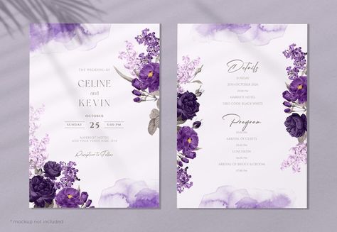 Purple Wedding Invitations Elegant, Purple Floral Invitation, Purple Wedding Card, Lilac Wedding Invitations, Purple Wedding Invitation, Purple Invitation, Wedding Graphic Design, Wedding Flyers, Purple Invitations